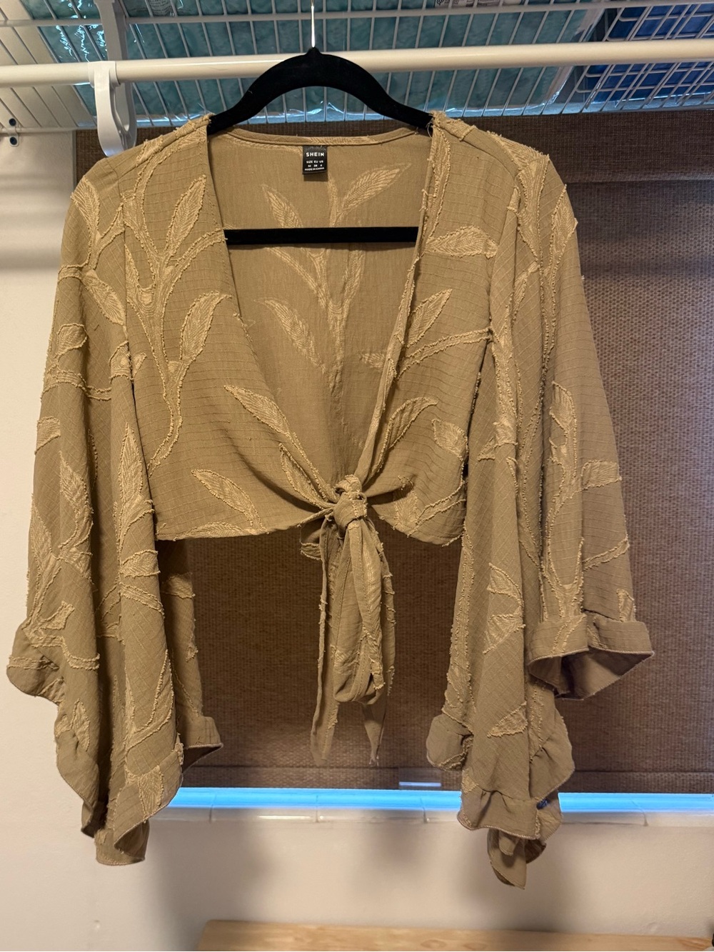 Olive-Taupe Embroidered Tie-Front Top